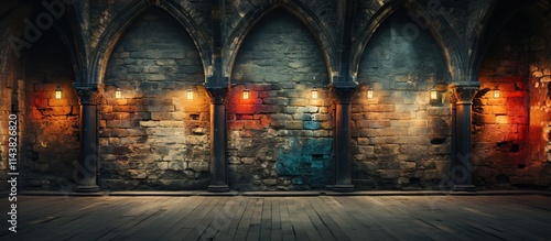 Interior of the medieval castle with candles and wooden floor. Medieval Castle Corridor