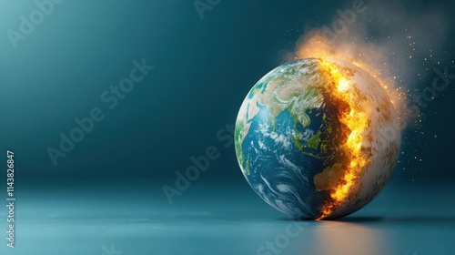 Burning and exploding planet Earth in fiery apocalyptic disaster facing critical environmental crisis and catastrophic destruction due to global warming climate change and ecological emergency