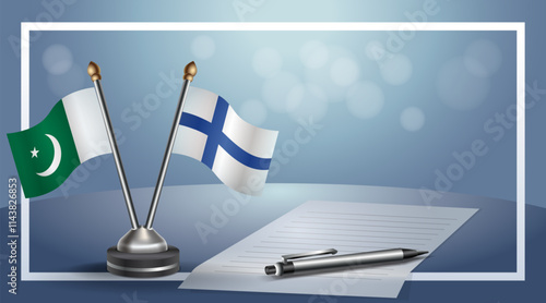 Pakistan and Finland National flags on small table with bokeh background, cooperative relationship
