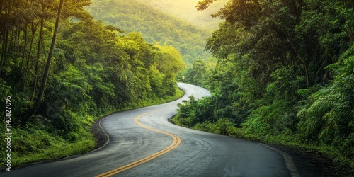 Winding curve road leading through a lush jungle, inviting exploration and adventure along the scenic route of the jungle, showcasing the beauty of nature s vibrant greenery. photo