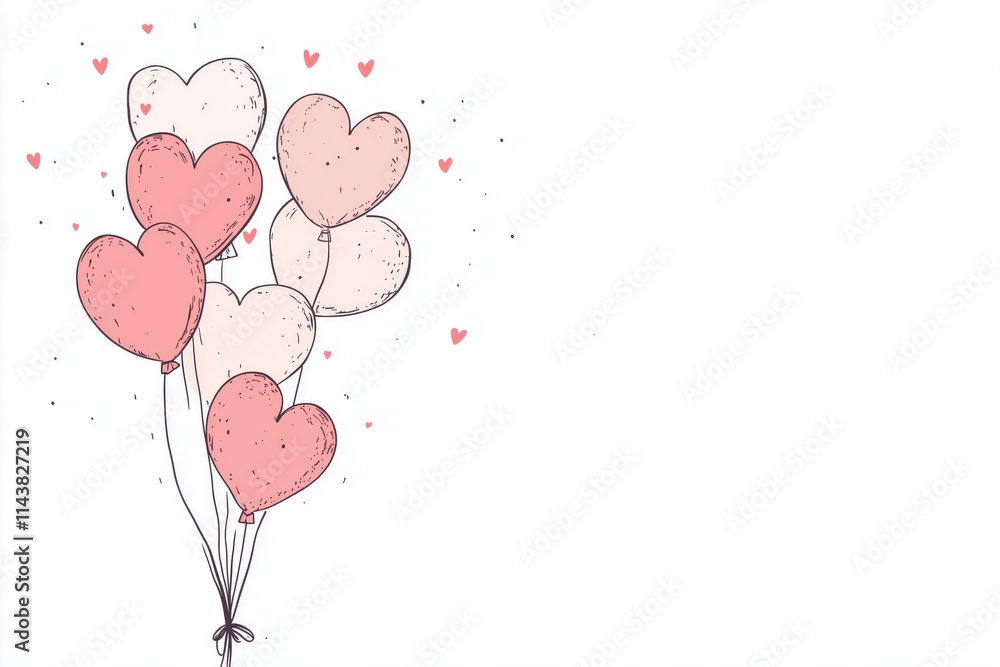 Valentine's Day background with flying hearts and hand-drawn love balloons on a white background. Valentine's Day background with flying hearts and hand-drawn love balloons on a white background.
