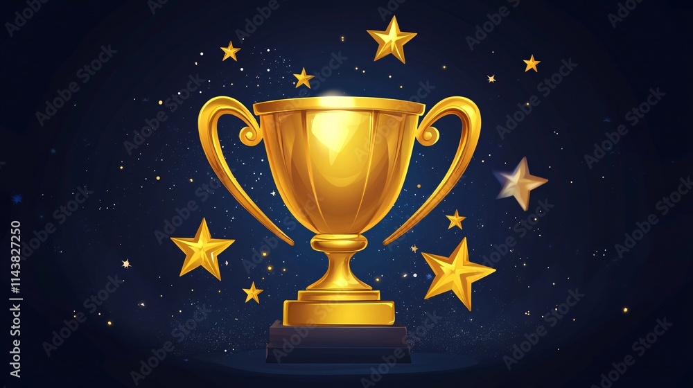 A glowing golden trophy surrounded by shining stars against a dark celestial background. A glowing golden trophy surrounded by shining stars against a dark celestial background.