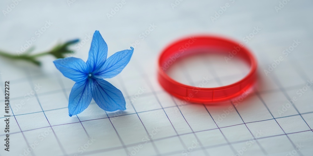 Delicate blue tiny flower alongside a vibrant red plastic ring, artistically displayed on a sheet of graph paper, showcasing a unique combination of natural and artificial elements. Delicate blue tiny flower alongside a vibrant red plastic ring, artistically displayed on a sheet of graph paper, showcasing a unique combination of natural and artificial elements.