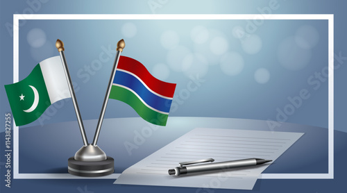 Pakistan and Gambia National flags on small table with bokeh background, cooperative relationship