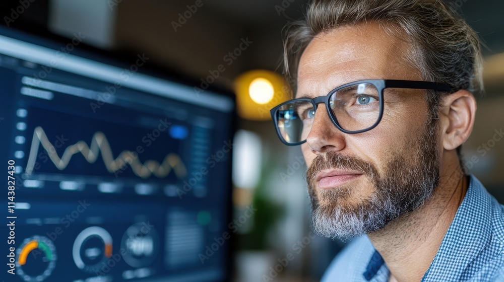 Corporate Businessman Analyzing Financial Data and Analytics Displayed on Computer Screen at Office Desk Entrepreneur Reviewing Market Trends and Investment Strategies Corporate Businessman Analyzing Financial Data and Analytics Displayed on Computer Screen at Office Desk Entrepreneur Reviewing Market Trends and Investment Strategies