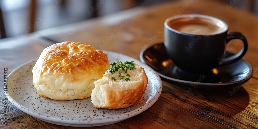 Delight in a typical South American cheese bun presented on a plate alongside freshly brewed coffee, showcasing the unique flavors of this delicious cheese bun experience. Delight in a typical South American cheese bun presented on a plate alongside freshly brewed coffee, showcasing the unique flavors of this delicious cheese bun experience.
