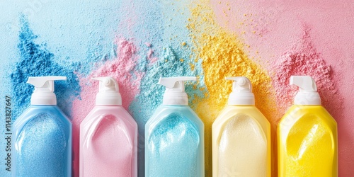 Laundry detergents in powder form create a vibrant background for laundry day mockups, emphasizing the effectiveness of laundry detergents in keeping clothes fresh and clean. photo