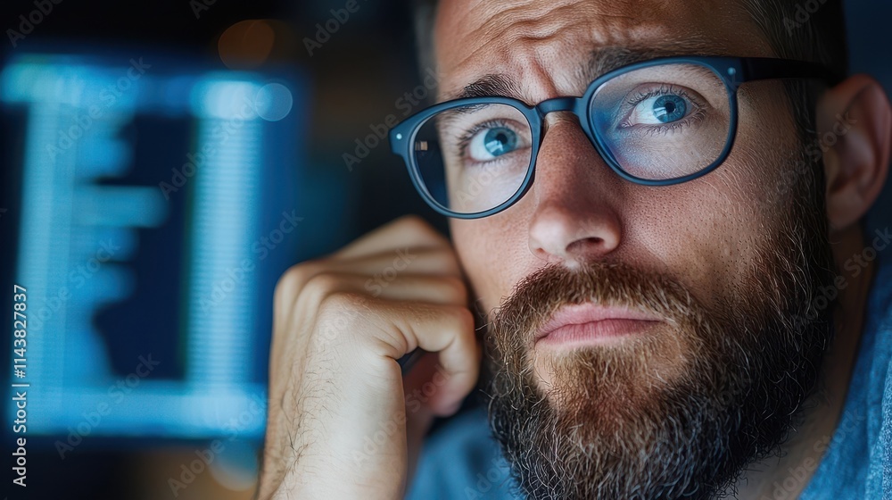 Closeup portrait of a thoughtful focused bearded man wearing glasses deeply engaged in studying or problem solving on his laptop computer in a dimly lit blue toned environment Closeup portrait of a thoughtful focused bearded man wearing glasses deeply engaged in studying or problem solving on his laptop computer in a dimly lit blue toned environment