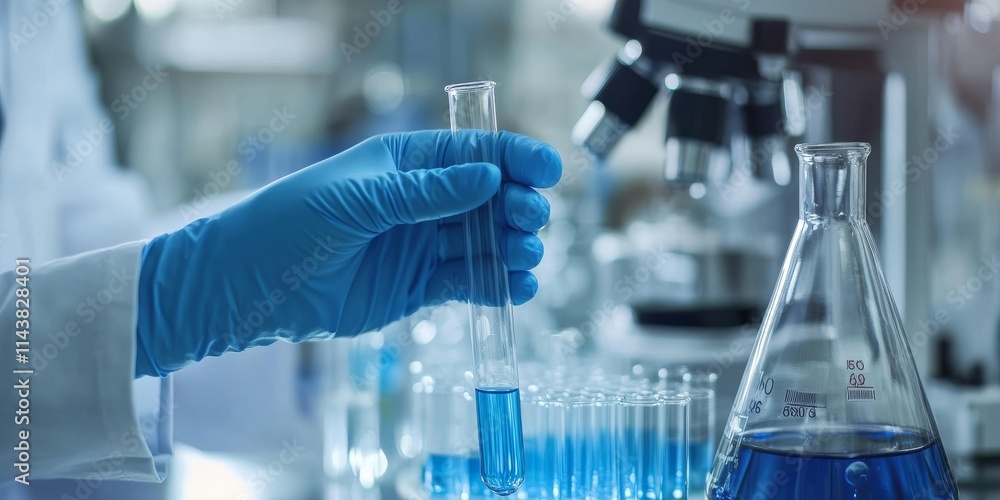 Scientist in a blue glove holds a test tube alongside a flask in a medical chemistry lab, highlighting the essential role of scientific equipment in research and experimentation in modern labs. Scientist in a blue glove holds a test tube alongside a flask in a medical chemistry lab, highlighting the essential role of scientific equipment in research and experimentation in modern labs.