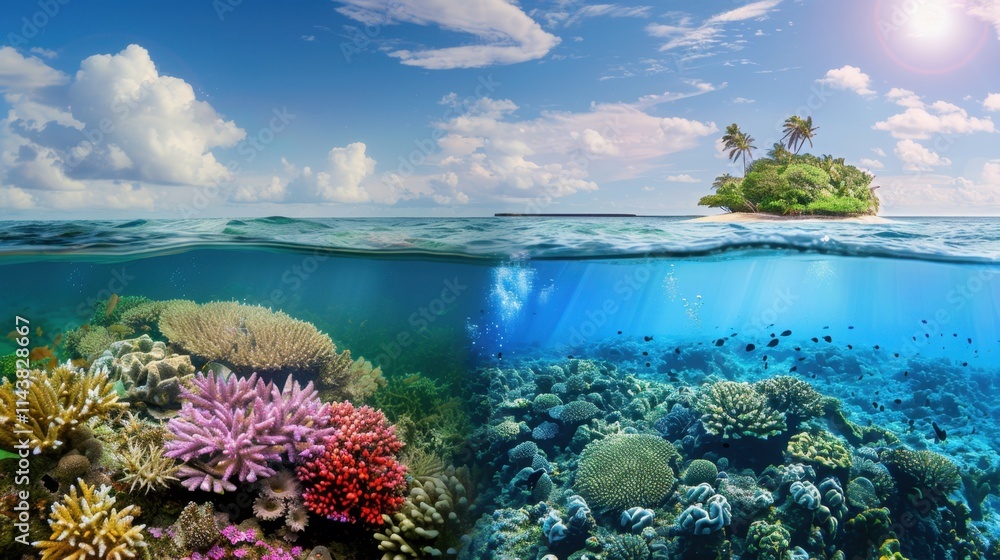 Naklejka premium Split view of a tropical island and an underwater coral reef, vibrant colors both above and below the water. Bright natural light.