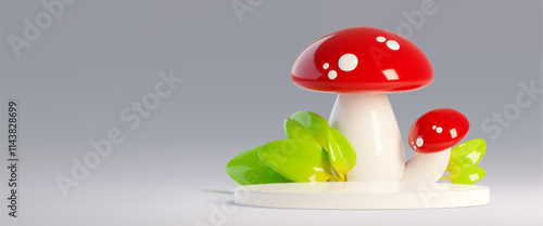 3d white podium for autumn product display studio scene. Abstract fall mockup with pedestal and mushroom in room. Amanita on cylinder stand on floor for thanksgiving sale with space in showroom