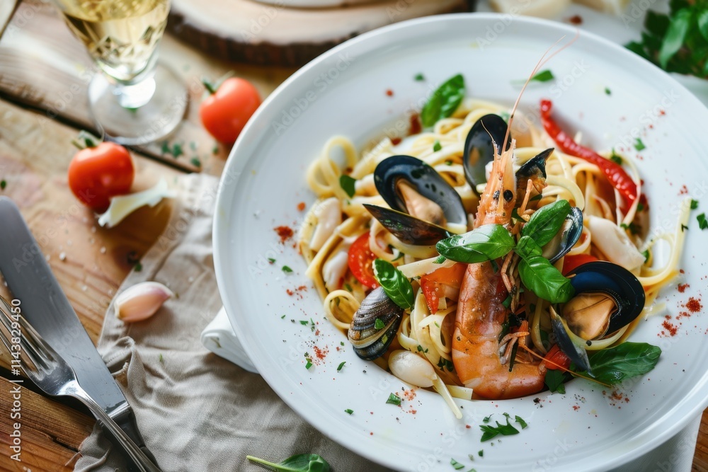 Stylish pasta with seafood on a plate, showcasing the elegance and maritime theme of the dish. Natural lighting.