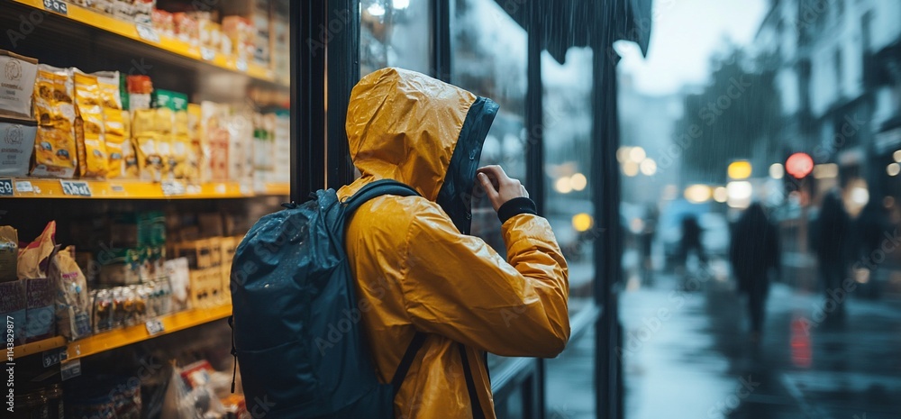 A person in a yellow raincoat stands by a store during rainy weather. A person in a yellow raincoat stands by a store during rainy weather.