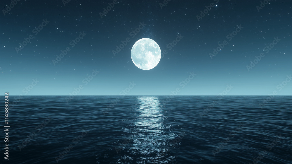 Serene Moonlight Over the Ocean: A tranquil seascape bathed in the ethereal glow of a full moon, casting a mesmerizing path of light across the vast expanse of the ocean. The stars twinkle above. Serene Moonlight Over the Ocean: A tranquil seascape bathed in the ethereal glow of a full moon, casting a mesmerizing path of light across the vast expanse of the ocean. The stars twinkle above.