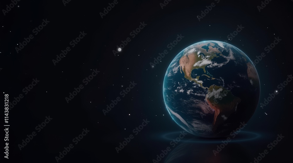 Planet Earth in outer space with illuminated continents and stars in the background. Global environment and astronomy concept with copy space Planet Earth in outer space with illuminated continents and stars in the background. Global environment and astronomy concept with copy space