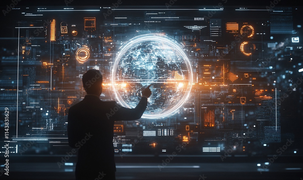 A person interacts with a futuristic digital interface displaying a globe. A person interacts with a futuristic digital interface displaying a globe.