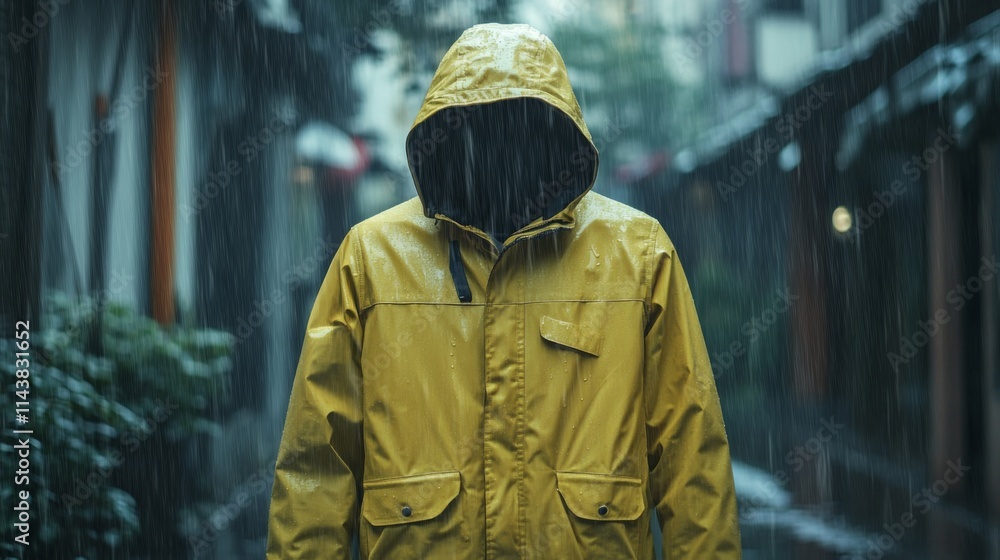 Person in yellow raincoat standing in rain-soaked alleyway. Person in yellow raincoat standing in rain-soaked alleyway.