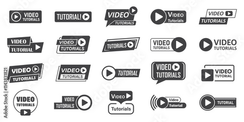 Play video tutorials icon set in flat style. Education software vector illustration on isolated background. Webinar training sign business concept.