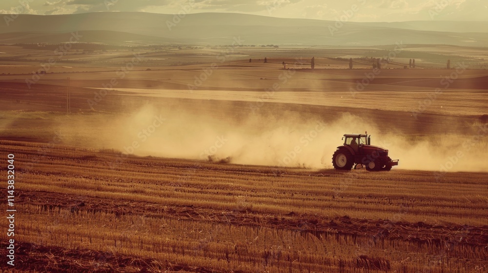Fototapeta premium Tractor working the field, raising dust into the air, vast landscape extending far back, natural daylight, 24-70mm focal length.