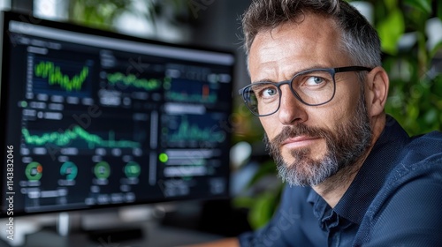 Concentrated Bearded Businessman Analyzing Financial Data and Statistics on Multiple Computer Screens in His Modern Office Workspace