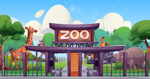 Zoo park entrance scenery. Wooden gate with purple roof, turnstiles and metal fence, safari animals inside - giraffe, zebra, cheetah cubs and hippo. Landscape with lush greenery, pond and clouds.
