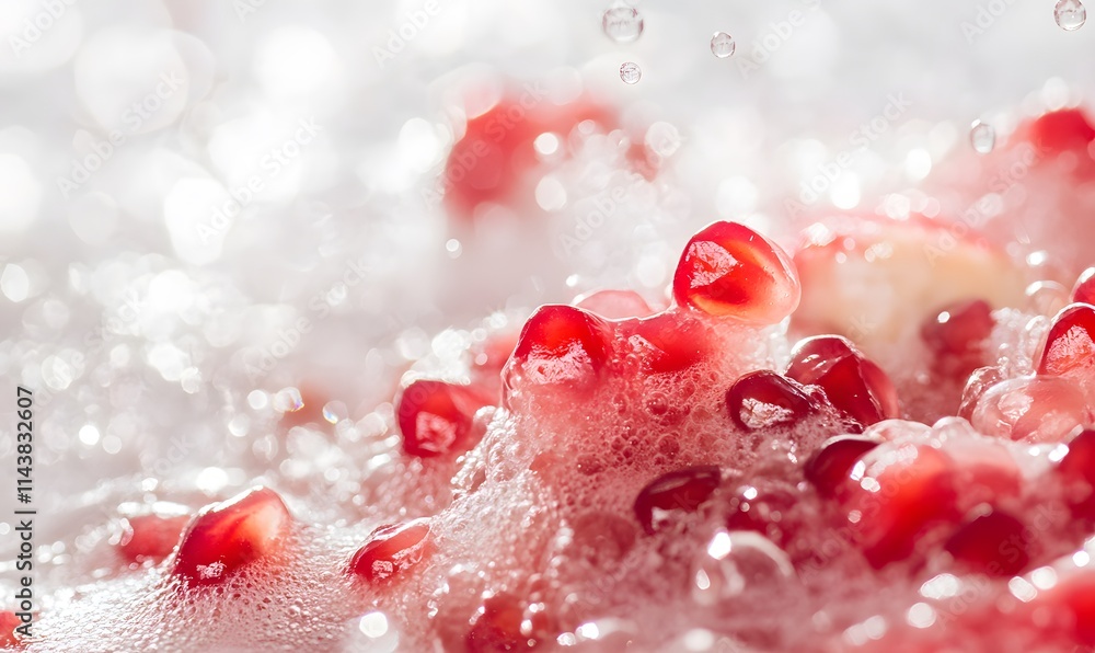 Pomegranate seeds are surrounded by bright splashes and sparkling bubbles, Generative AI Pomegranate seeds are surrounded by bright splashes and sparkling bubbles, Generative AI