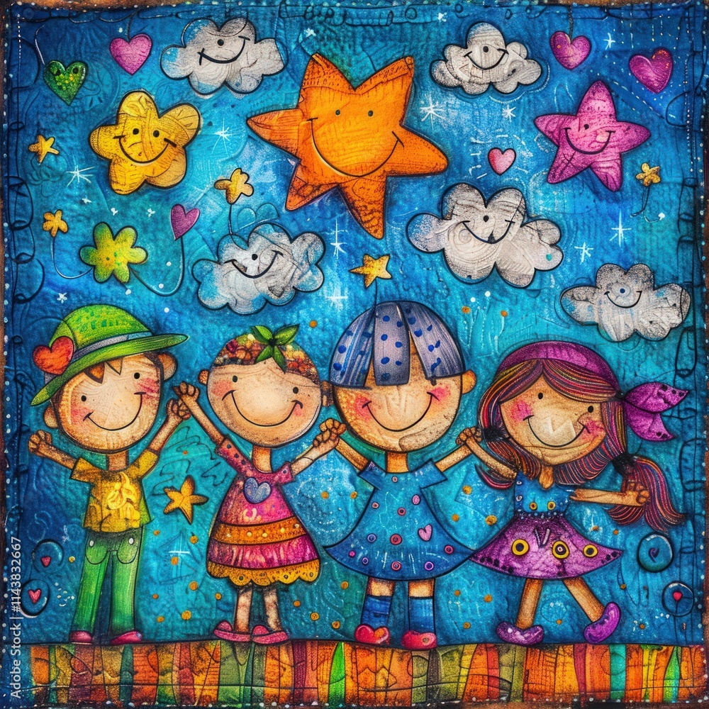 Joyful children holding hands under a whimsical starlit sky. Joyful children holding hands under a whimsical starlit sky.