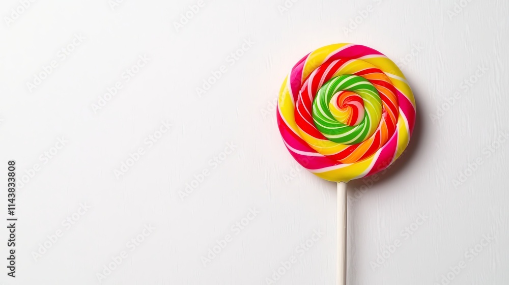 A vibrant, colorful lollipop with swirls of pink, yellow, and green, resting against a plain white background. A vibrant, colorful lollipop with swirls of pink, yellow, and green, resting against a plain white background.