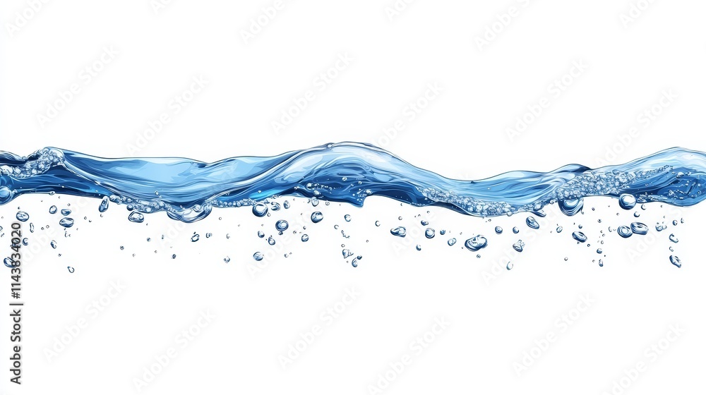 A wave of clear water with bubbles against a white background. A wave of clear water with bubbles against a white background.