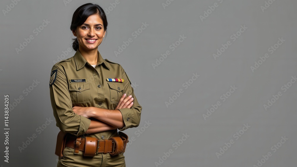 A confident woman stands tall, arms crossed, in crisp military attire against a neutral backdrop, her piercing gaze locked directly on the viewer with a subtle hint of warmth A confident woman stands tall, arms crossed, in crisp military attire against a neutral backdrop, her piercing gaze locked directly on the viewer with a subtle hint of warmth