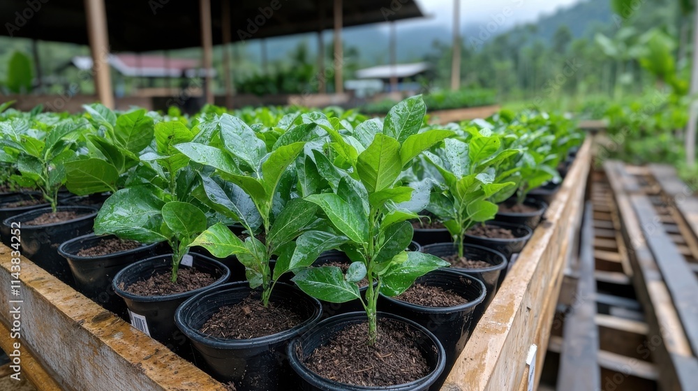 Close up view of various healthy young green plants including seedlings and saplings growing in pots inside an eco friendly greenhouse or nursery setting The image showcases a sustainable Close up view of various healthy young green plants including seedlings and saplings growing in pots inside an eco friendly greenhouse or nursery setting The image showcases a sustainable