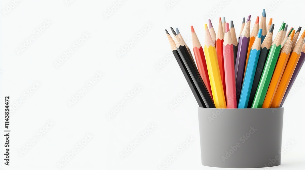 A collection of colorful pencils arranged in a gray cup, ideal for artistic projects and creative activities. A collection of colorful pencils arranged in a gray cup, ideal for artistic projects and creative activities.