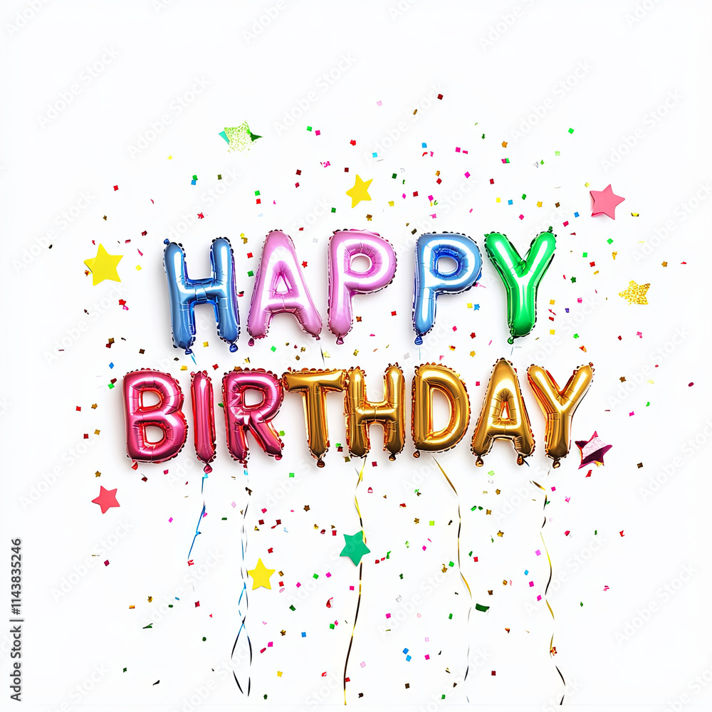 Happy birthday balloons with colorful confetti and stars create festive atmosphere for celebrations. Perfect for parties and joyful occasions Happy birthday balloons with colorful confetti and stars create festive atmosphere for celebrations. Perfect for parties and joyful occasions