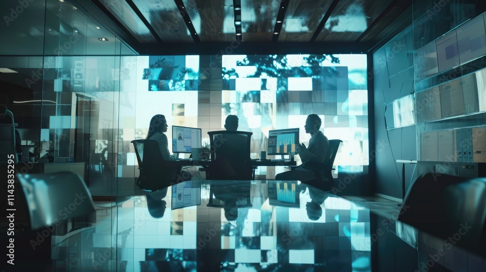 Business team engaged in a virtual video conference call, discussing project strategy and collaborating remotely in a modern office setting Business team engaged in a virtual video conference call, discussing project strategy and collaborating remotely in a modern office setting