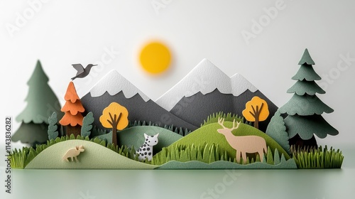 Vibrant Papercraft Landscape with Mountains Forests and Wildlife  A layered paper cut depicting a serene natural scene with mountains trees and various woodland creatures like deer fox and rabbit photo