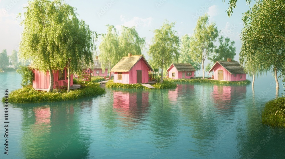 Fototapeta premium Idyllic pink houses on tranquil islands in calm water, surrounded by lush greenery under a clear sky.