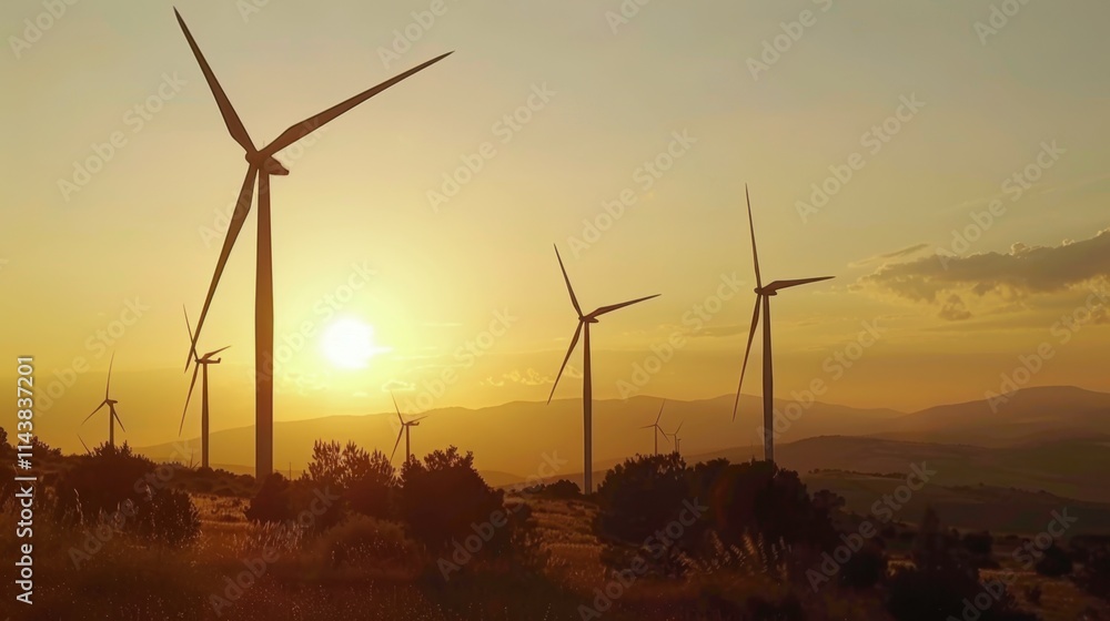 Wind turbines against a sunset backdrop, symbolizing the use of renewable energy in the agricultural sector, golden hour lighting. Wind turbines against a sunset backdrop, symbolizing the use of renewable energy in the agricultural sector, golden hour lighting.
