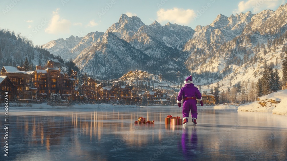 Santa ice skates across frozen lake towards snowy village at sunset, carrying gifts. Santa ice skates across frozen lake towards snowy village at sunset, carrying gifts.