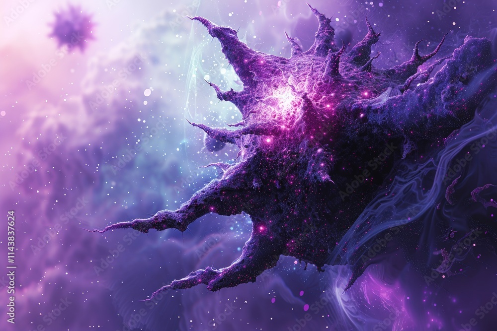 Microscopic view of a cell, vibrant purple and pink hues, intricate detail, cosmic background. Microscopic view of a cell, vibrant purple and pink hues, intricate detail, cosmic background.