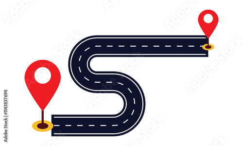 Road with location mark. Route infographic. Navigation path. Roadway traffic infographic. Vector icon current background. Vector illustration. EPS 10