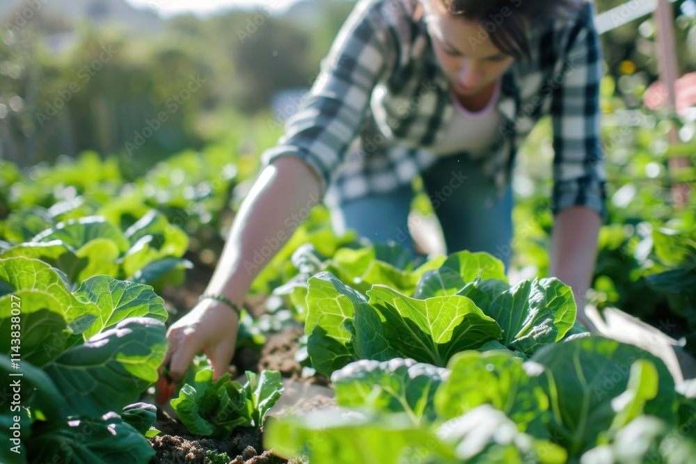 Woman harvesting greens in garden beds, emphasizing the importance of vegetable farming and produce, natural daylight. Woman harvesting greens in garden beds, emphasizing the importance of vegetable farming and produce, natural daylight.