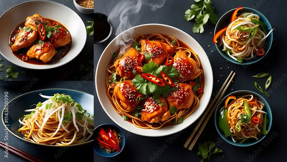 Indulge in the tantalizing presentation of spicy chicken dishes paired with savory noodles in this high-quality image. Perfectly cooked chicken, coated in a fiery, glossy sauce. Indulge in the tantalizing presentation of spicy chicken dishes paired with savory noodles in this high-quality image. Perfectly cooked chicken, coated in a fiery, glossy sauce.