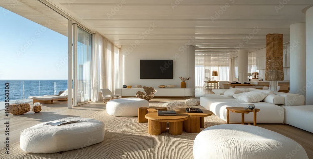 Fototapeta premium Modern living room with ocean view and minimalist design.