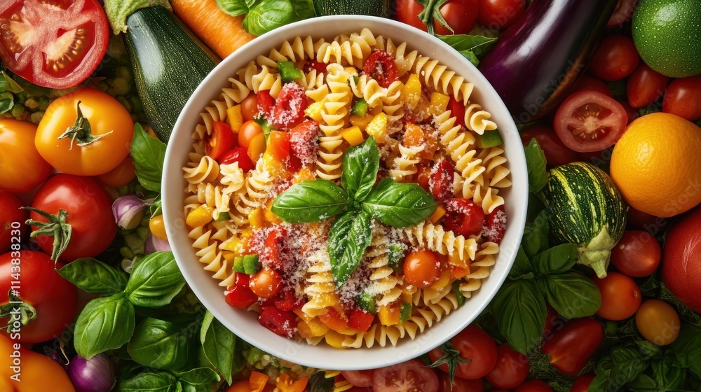 A bowl of delicious pasta with fresh vegetables. A bowl of delicious pasta with fresh vegetables.