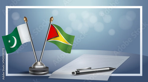 Pakistan and Gunaya National flags on small table with bokeh background, cooperative relationship