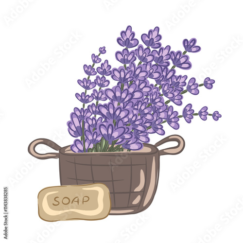 Hand drawn lavender bouquet in a basket with a soap bar