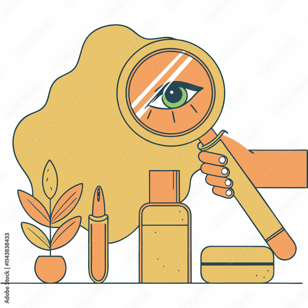 hand holding magnifier over human eye illustration, make up accessories,