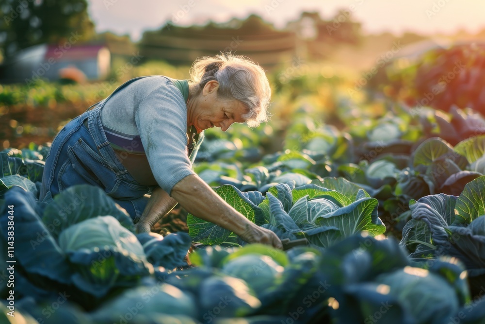 Fototapeta premium Woman harvesting large cabbages in a field, rustic and natural setting, warm natural lighting.