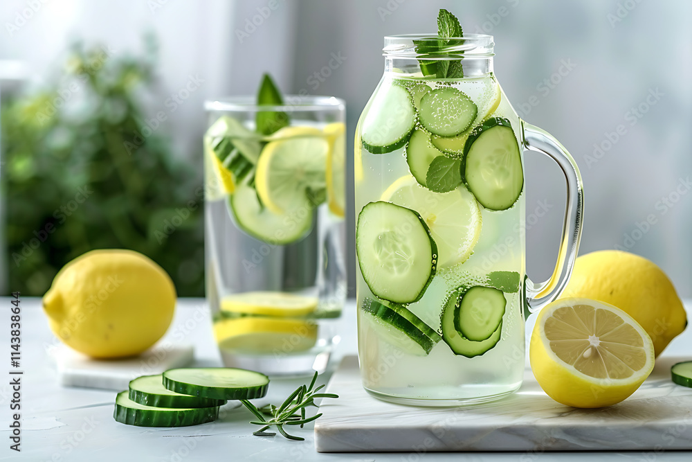 Jar and glass of fresh lemonade with cucumber and lemon Jar and glass of fresh lemonade with cucumber and lemon
