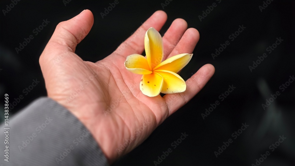 An elegant overhead view capturing a delicate yellow plumeria flower resting on an open Businessman hand showcasing eco green friendly business concept An elegant overhead view capturing a delicate yellow plumeria flower resting on an open Businessman hand showcasing eco green friendly business concept